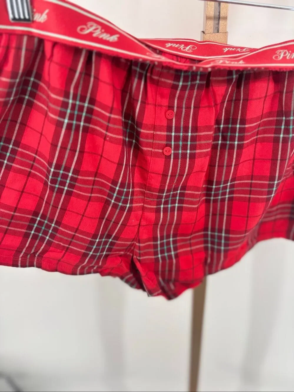 PINK Victoria’s Secret Pajama Shorts Red Plaid Womens M NWT Metallic Logo Script